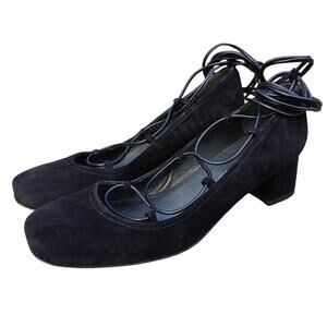 Black suede Ballerina Stuart Weitzman lace up kitten heels sz 6